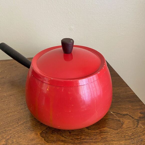 Vintage Red Fondue Pot Wooden Distressed Handle Replacement Retro 70s - Picture 4 of 6